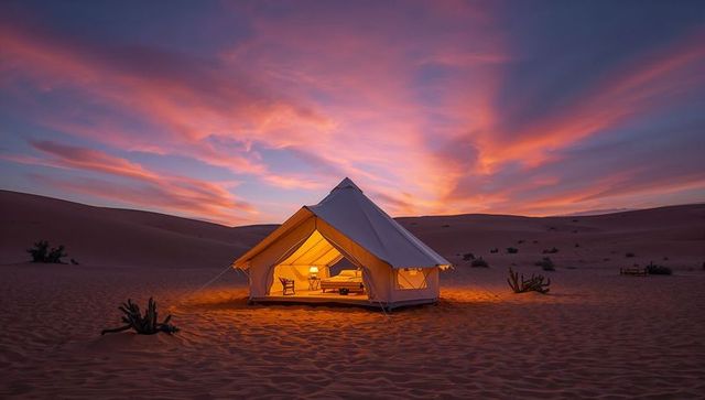 Luxury glamping tent glowing in desert dusk