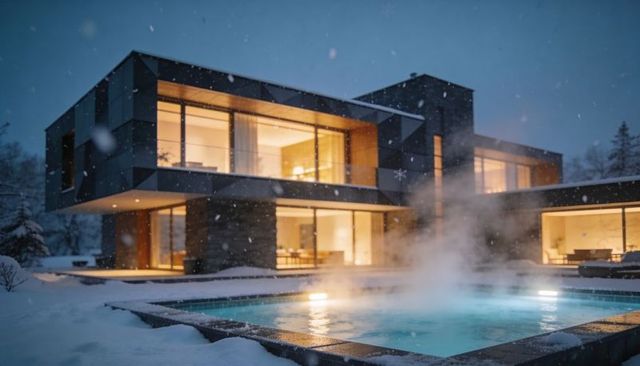 Glowing modern cantilever house with floor-to-ceiling glass and steaming heated pool
