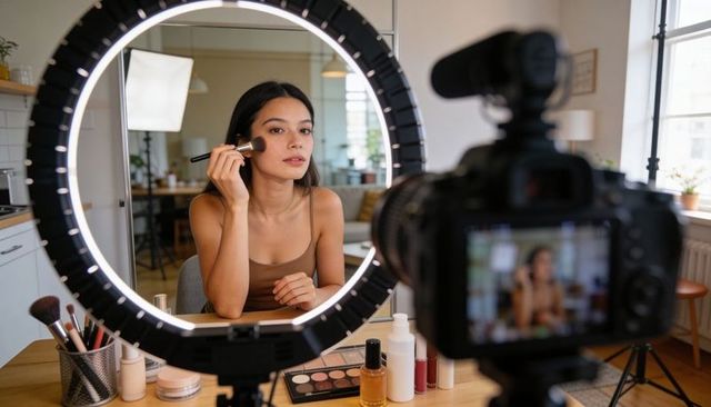 Beauty vlogger applying makeup for camera with ring light, dslr and softbox lighting