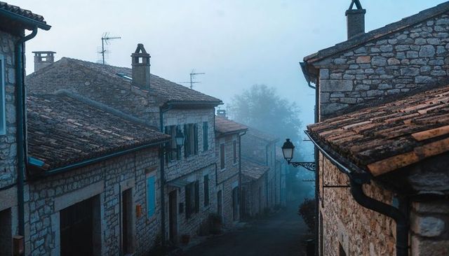 Winding foggy stone village lane leading into mist with tiled roofs and vintage lantern
