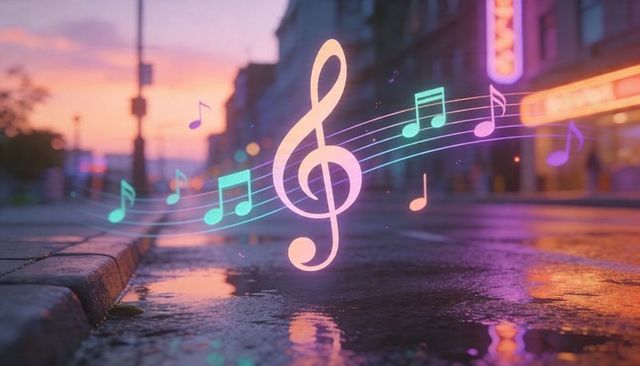 Neon treble clef floating over wet urban street at sunset with colorful musical notes
