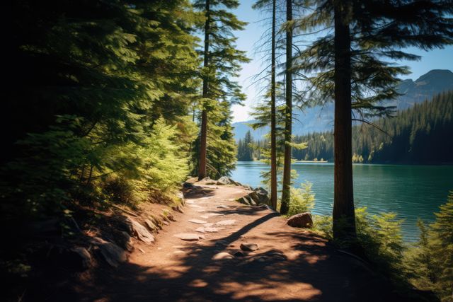 This image shows a beautiful forest trail beside a mountain lake on a sunny day. The pathway is bordered by lush pine trees, allowing sunlight to filter through the branches, casting shadows on the ground. Ideal for use in travel brochures, nature blogs, or outdoor adventure promotions showcasing natural beauty and tranquility.