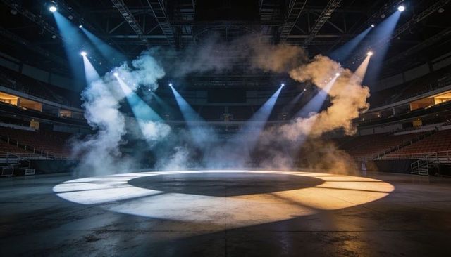 Empty Indoor Arena Spotlight Circle with Fog Dramatic Stage Lighting and Concert Floor