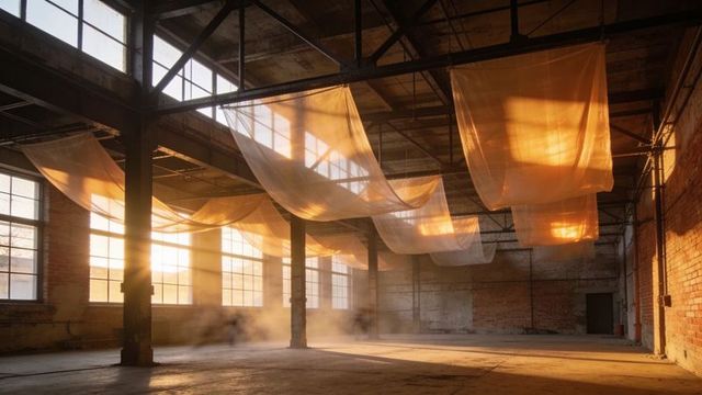 Translucent fabric panels catching golden sunbeams in industrial loft