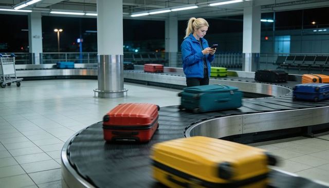 Solo traveler checking phone at airport baggage carousel with bright suitcases at night