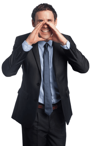 Transparent Businessman Shouting through Hands Smiling in Suit