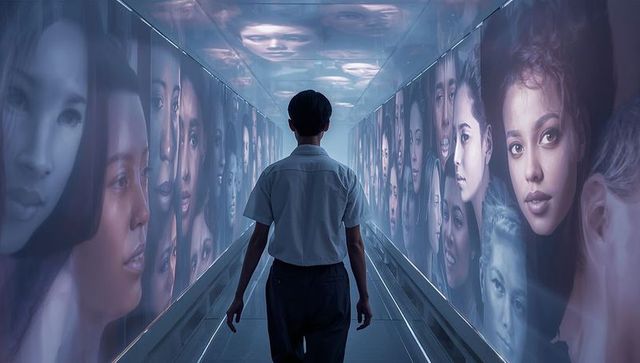 Solitary Figure Walking Futuristic Portrait Corridor with Neon Faces and Reflections