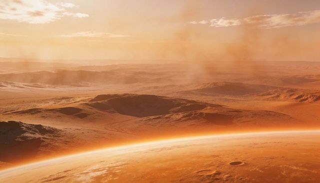 Mars-like red desert panorama depicting curved horizon, crater, dunes and dust plumes
