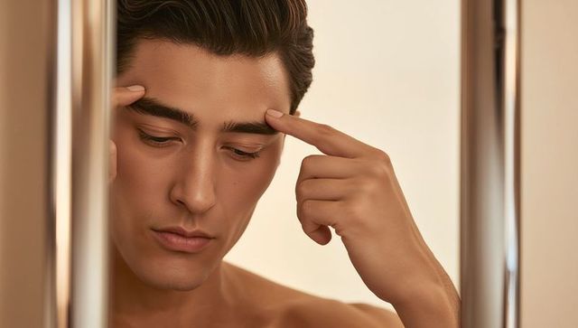 Shirtless man grooming eyebrows in bathroom mirror with warm light and chrome rails