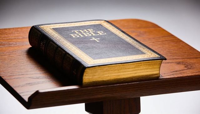 Black leather bible with gold embossing resting on wooden lectern for worship and study