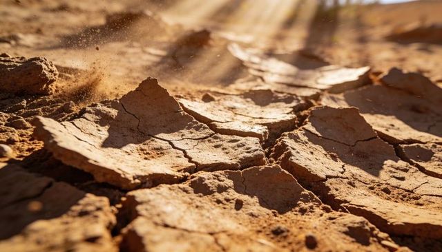 Sunlit cracked mud plates forming fissures on parched earth with dust lifting and warm glow