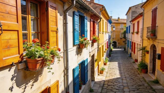 Sunlit mediterranean alley with colorful shutters and geraniums on warm cobblestone lane