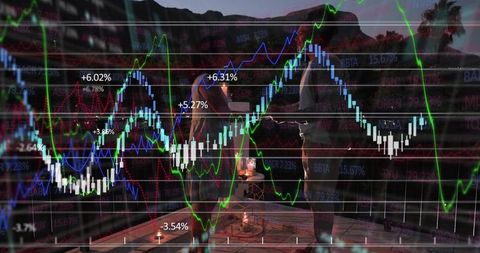 Rooftop Couple Holding Tablet with Financial Charts Overlaying at Twilight on Candlelit Terrace
