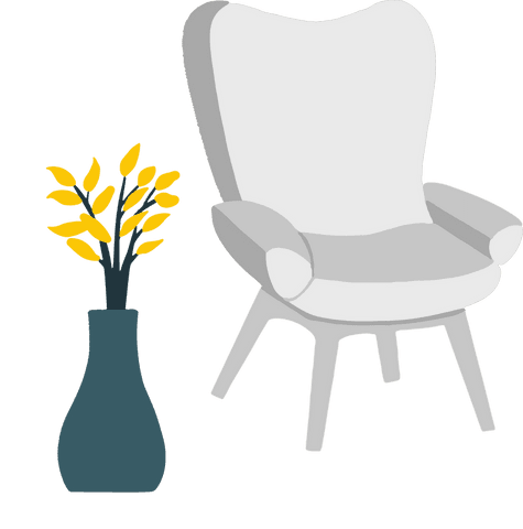 Elegant transparent lounge chair and vase with yellow foliage design