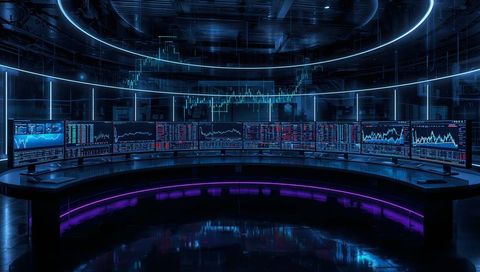 Futuristic Trading Room with High-Tech Financial Displays