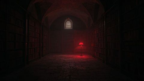 Vaulted gothic library with red floor lamp casting moody warm ambient light