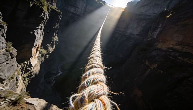 Dramatic braided rope leading across deep canyon toward sunlit suspension bridge