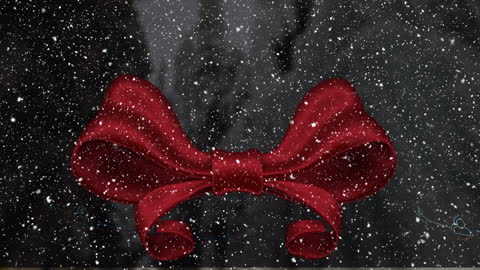 Festive Red Bow with Snowfall Background