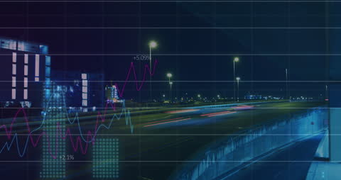 Cityscape at Night with Overlay of Data Charts