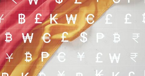 Currency exchange symbols on vibrant fabric background