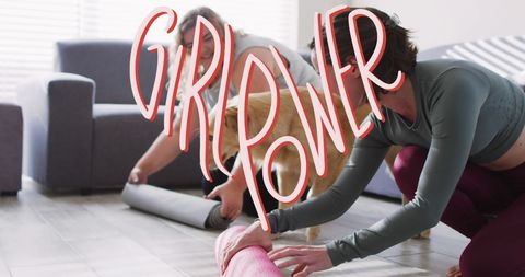 Empowered Women Practicing Yoga with Girl Power Message