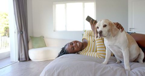 Woman Relaxing with Dog While Using Smartphone in Comfortable Bedroom