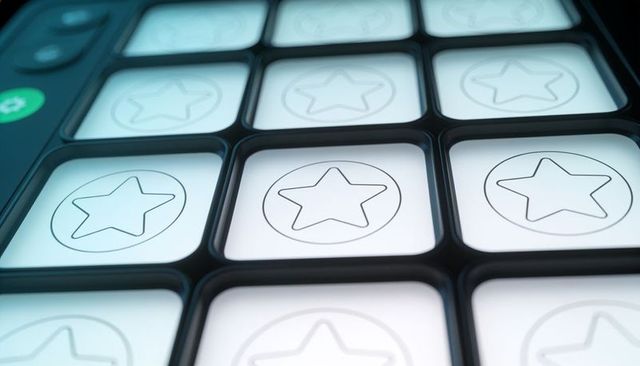Glowing backlit square pads with star icons on black bezel grid for tech ui and music production