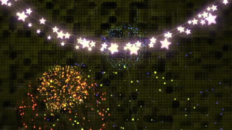 Festive Star Lights Animating Over Colorful Fireworks Display