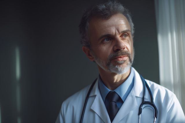 Senior Male Doctor in White Coat Looking Thoughtfully Through Window - Download Free Stock Images Pikwizard.com