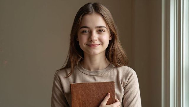 Teen holding leather journal near window smiling calmly minimalist natural light portrait