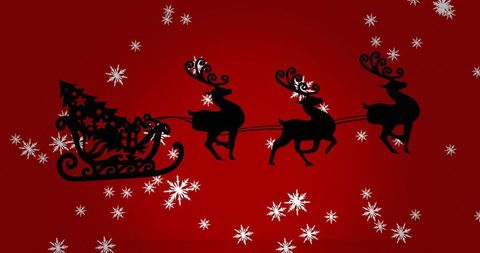Festive Sleigh and Reindeer Silhouette on Red Background