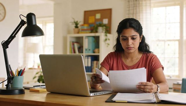 Indian woman reviewing paperwork at home workspace using laptop and organized desk in daylight