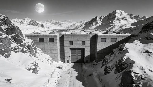 Moonlit alpine fortress, massive concrete bunker in snowy mountain pass at night