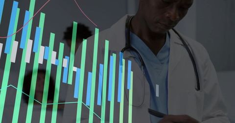 Physician using tablet with healthcare analytics dashboard overlay, hospital data