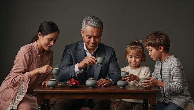 Intergenerational family sharing tea ritual at low table with ceramic cups and calm atmosphere