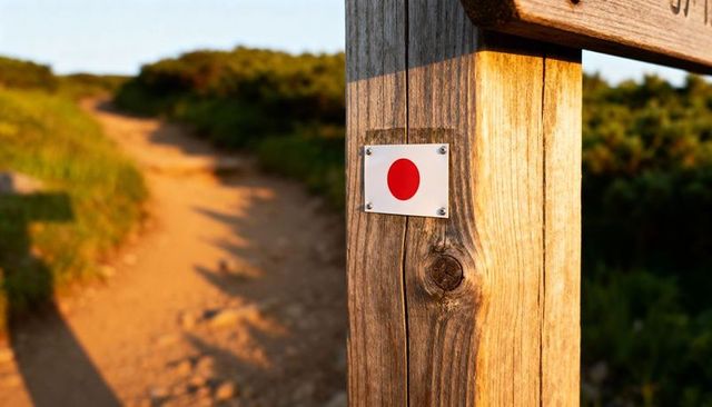 Red circle trail marker guiding sunlit coastal dune footpath on weathered wooden post