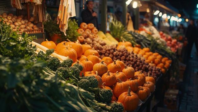 Night market abundant with fresh harvest produce and vibrant pumpkins