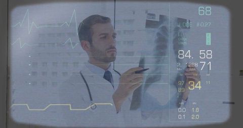 Male doctor examining chest x-ray with augmented reality vitals overlay and ecg hud
