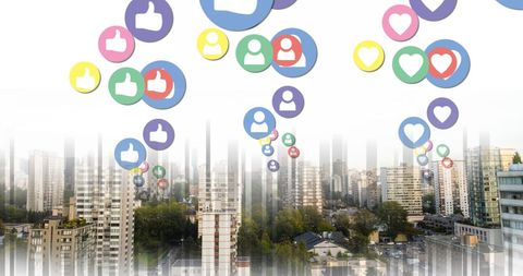 Digital Social Media Icons Floating Over Urban Cityscape