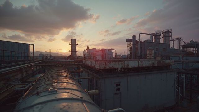 Sunset Over Industrial Rooftop with Metal Pipelines and Vents