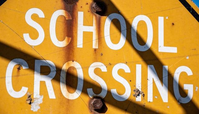 Weathered yellow school crossing sign with rusted bolts, chipped paint and strong shadows