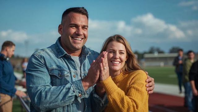 Smiling couple celebrating at outdoor stadium, high-fiving and showing engagement ring