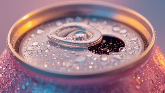 Glistening aluminum can top featuring open pull-tab, condensation droplets, pastel bokeh