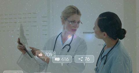 Female physician explaining x-ray to colleague with social media overlay in radiology consultation
