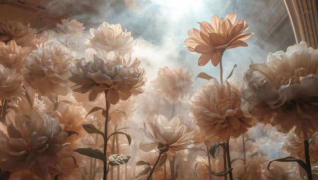 Dreamy peach dahlia garden backlit by conservatory skylight with mist and arches