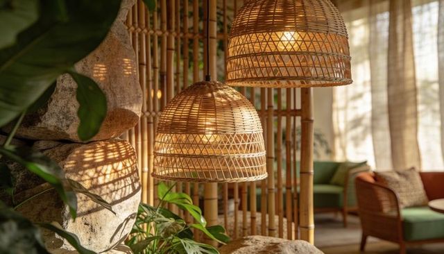 Woven rattan pendant lamps casting warm amber light in sunlit biophilic lounge