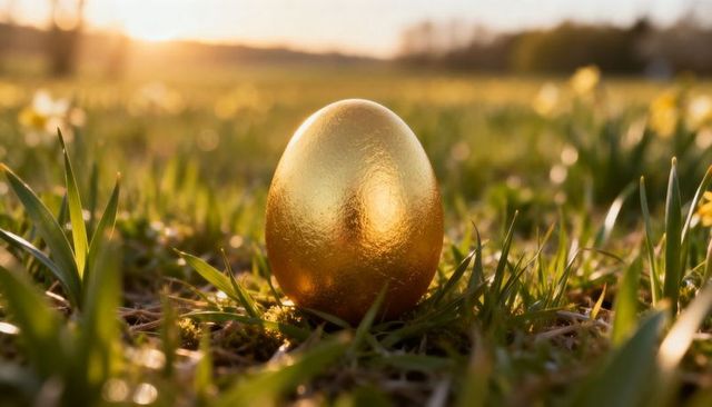 Golden egg resting on meadow grass at sunrise, gleaming metallic closeup still life