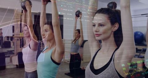 Women Exercising with Kettlebells in Gym Overlayed with Data Graphs