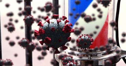 Depiction of virus spread at barbershop pole symbolizing business challenge