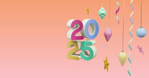 Colorful 2025 Holiday Decoration with Ornaments on Gradient Background